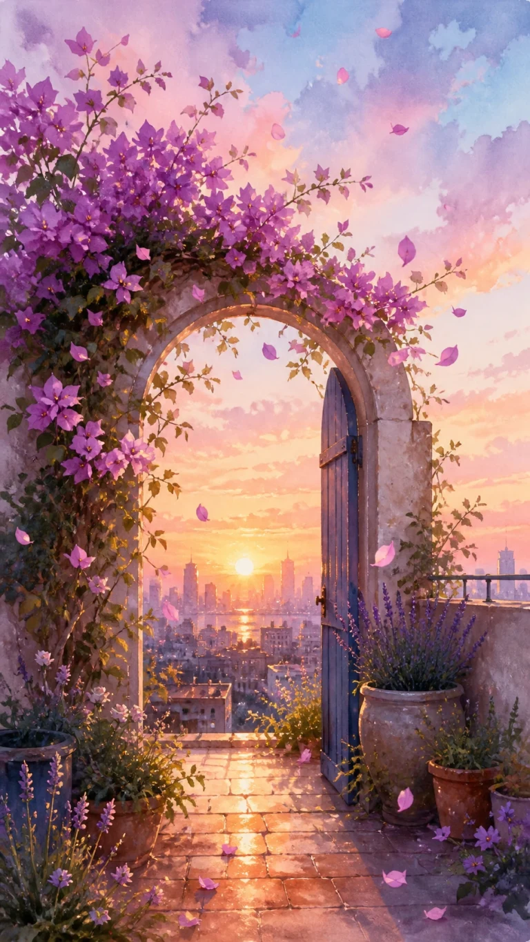 紫色花藤环绕的拱门外显露夕阳城市景色