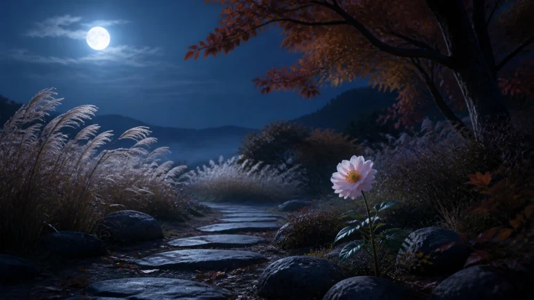 月夜石径旁开着一朵粉色花，银色芒草随风摇曳