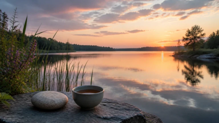 夕阳映照的宁静湖面旁放着茶杯和一块圆石