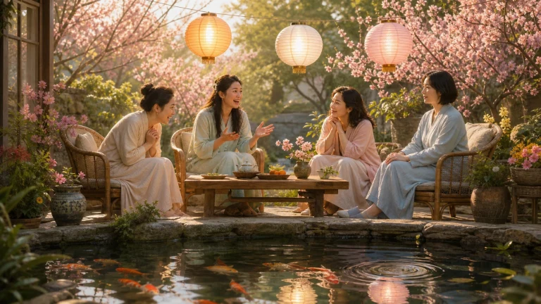 花园池塘旁四名女子围坐饮茶，树间挂着彩色灯笼