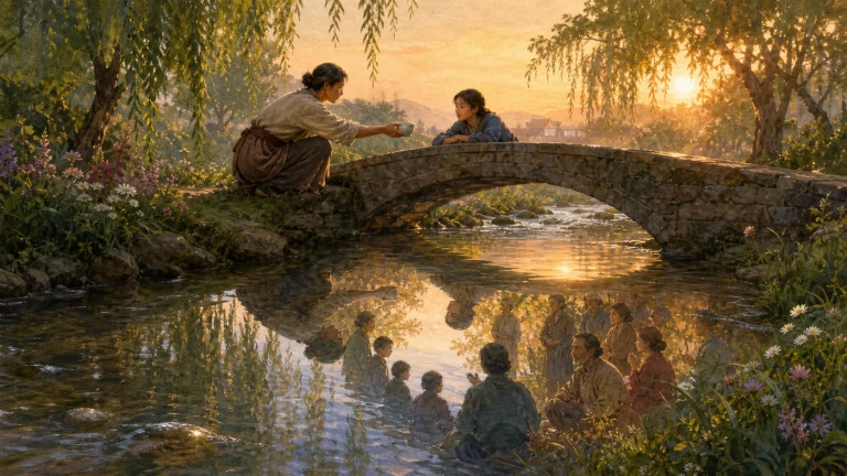 夕阳下两人隔着溪流坐在石拱桥上伸手相对