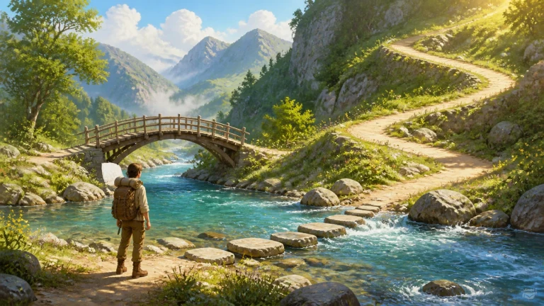 背包客站在高山溪流旁，前方有一座木桥