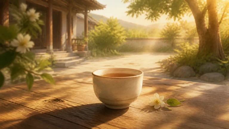 夕阳庭院的木桌上放着一杯热茶和一朵白花