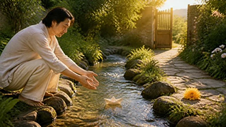 一人在花园溪流旁伸手放下一只纸船