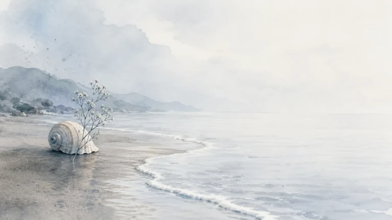 淡雅水彩风海岸上放着一枚贝壳，远处山峦朦胧