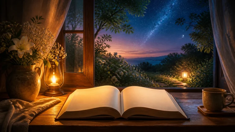夜晚窗边摊开一本书，油灯与茶杯映着星空