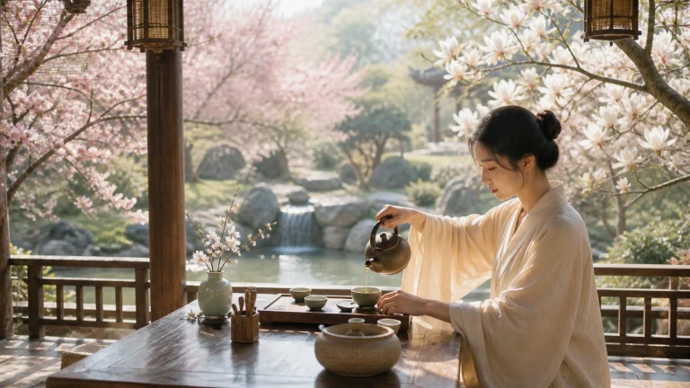 女子在樱花庭院的木廊中提壶斟茶