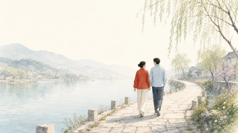水彩画风一对男女并肩走在湖岸柳树小路上