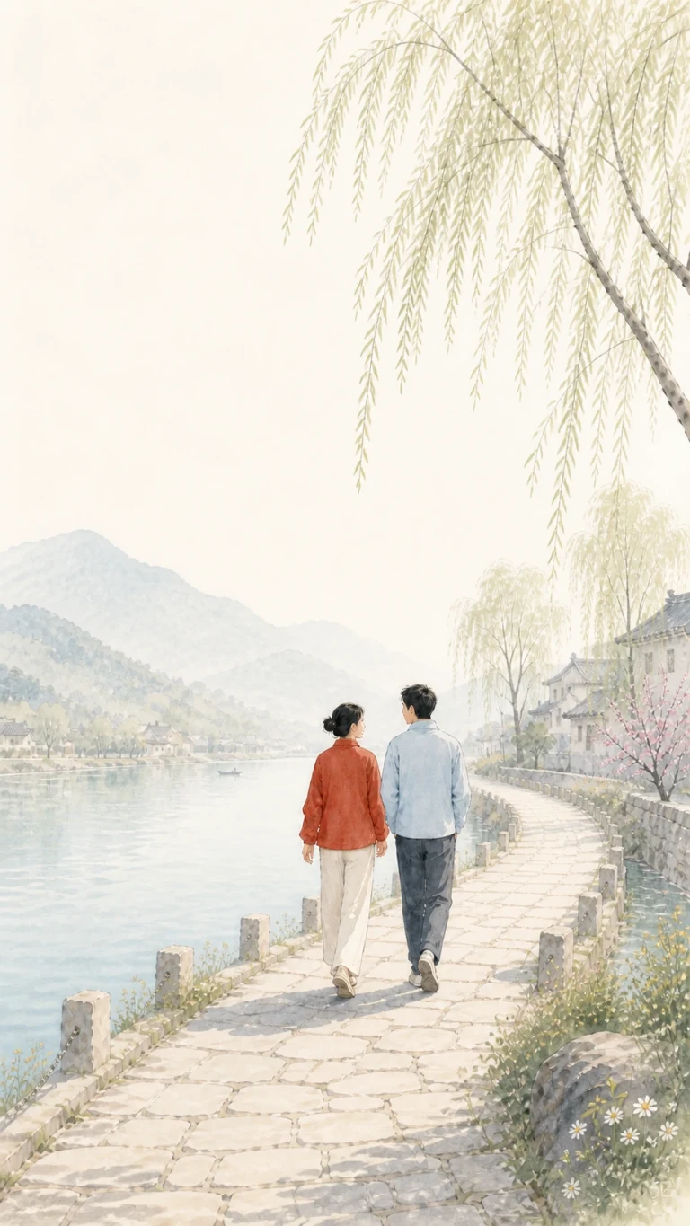 一对男女沿着淡雅山水间的湖畔石路同行