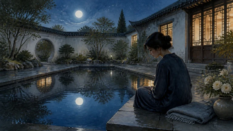月夜庭院里女子静坐在水池边，水面映着月亮