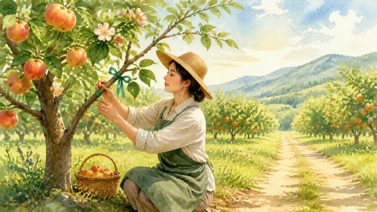 戴草帽的女子在果园树下采摘红苹果