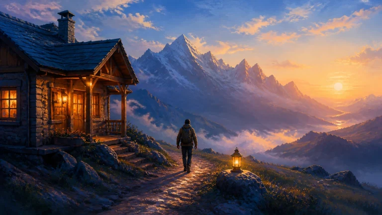 暮色雪山脚下旅行者沿灯光小径走向木屋