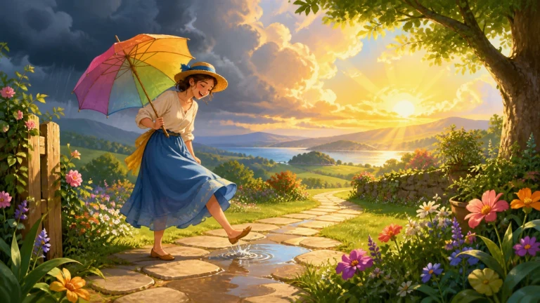 女子撑着彩色雨伞跃过花园小径上的水洼