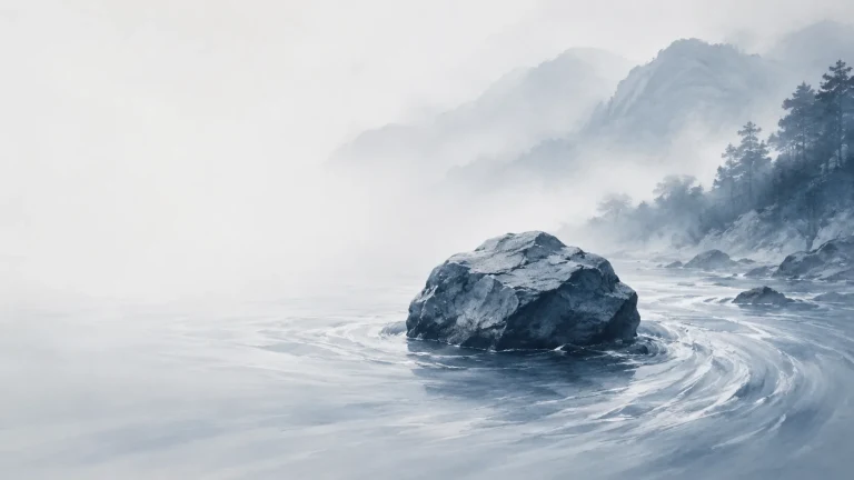 水墨雪山与雾气间一块黑色巨石立在旋转水流中