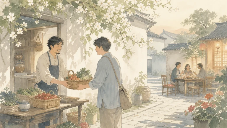 水彩小镇花店前两人递接一盆鲜花