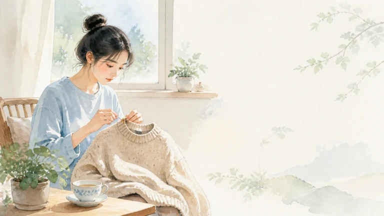 水彩风女子坐在明亮窗边编织浅色毛衣