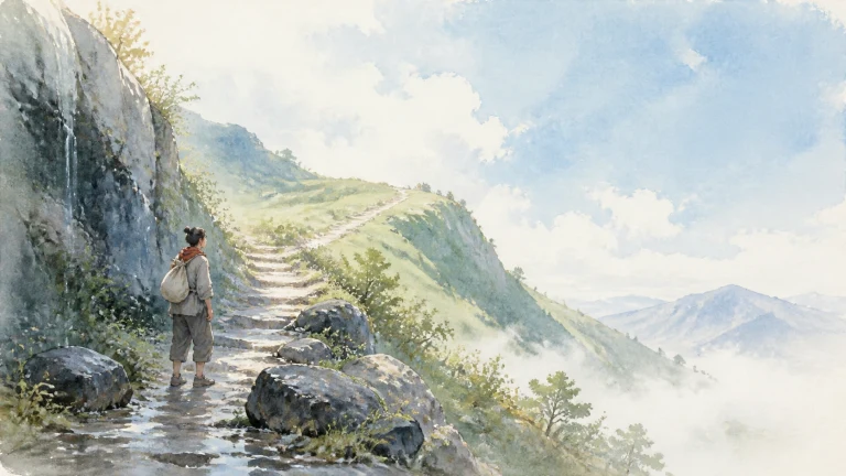 水彩山路上旅行者沿崖壁石阶走向云雾山脊