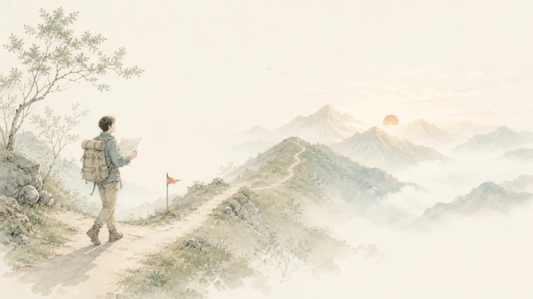 背包客站在高山岔路口，前方山脊插着小旗