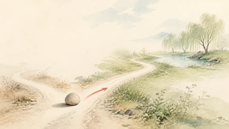 淡彩乡间岔路中央放着圆石，红色箭头指向右侧小路