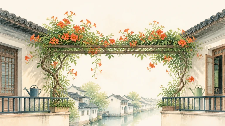 江南水乡两座白墙楼台之间架着盛开红花的藤架