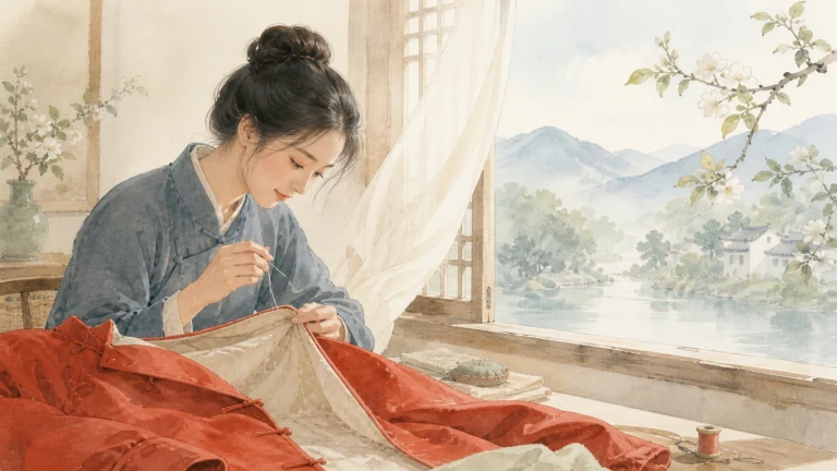 女子坐在湖景窗边用针线缝制红白布料