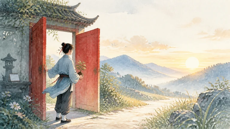 女子推开红色院门，门外晨光照亮通往群山的小路