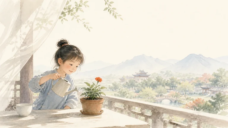 水彩阳台上女孩提壶给盆栽花苗浇水