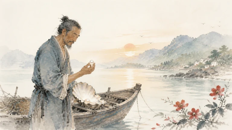 老渔夫站在湖边木船旁端详手中的白色贝壳