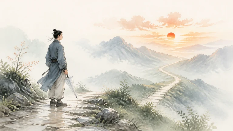 古装男子手持长杖走在夕照群山的湿润小径上