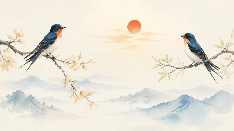 两只燕子分立花枝两侧，背景是淡墨群山与红日