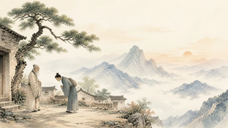 古朴山院中一人向松树下的年长者躬身行礼