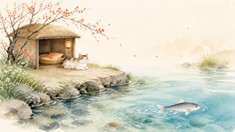 水彩溪岸小屋旁两只白兔坐在门口，水中有鱼游过