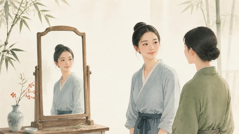 两名古装女子站在梳妆镜旁交谈，镜中映出其中一人