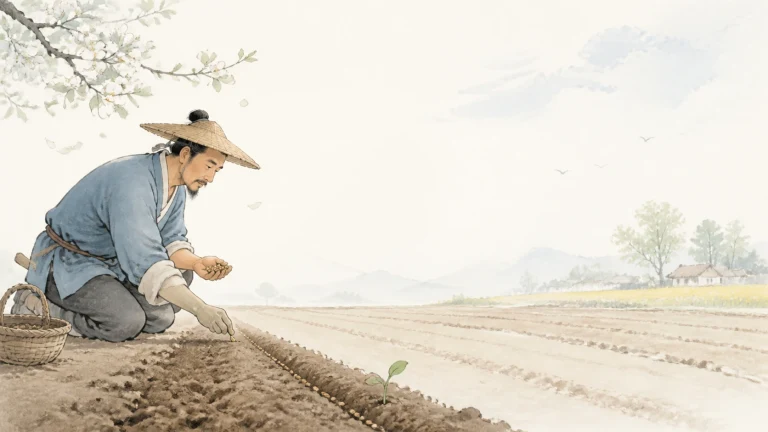 戴斗笠的农人跪在田垄间播撒种子