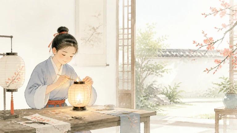 女子坐在庭院桌前制作一盏发光的纸灯笼