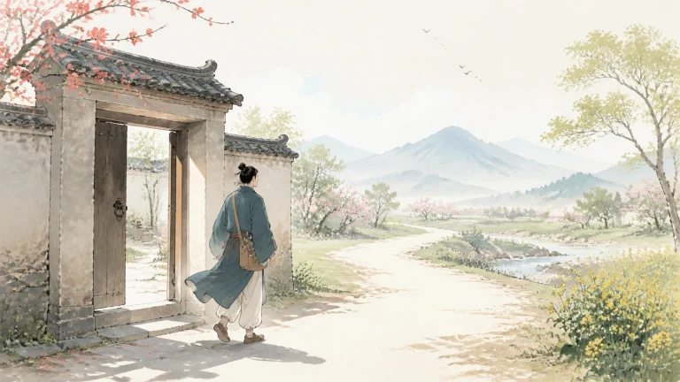旅行者穿过古院石门走向阳光下的乡间小路