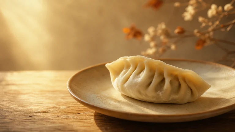 阳光木桌上的陶盘中放着一只蒸饺