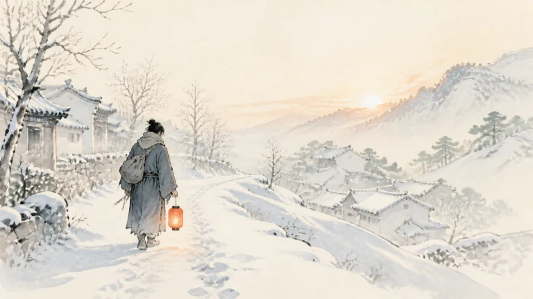 提红灯笼的旅行者走在积雪山村小路上