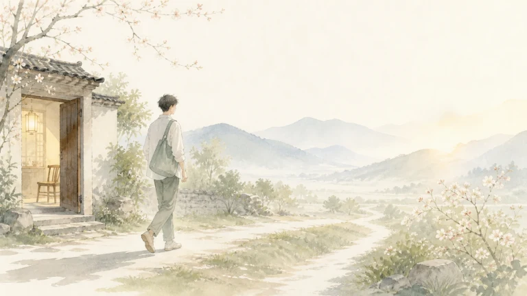 旅行者从乡间小屋门前走向阳光下蜿蜒的山谷小路