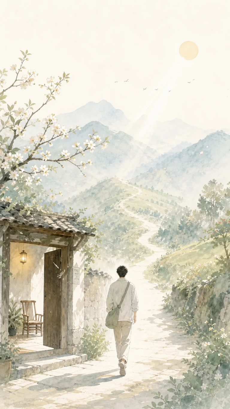 淡彩山村中一人沿着通往群峰的道路前行
