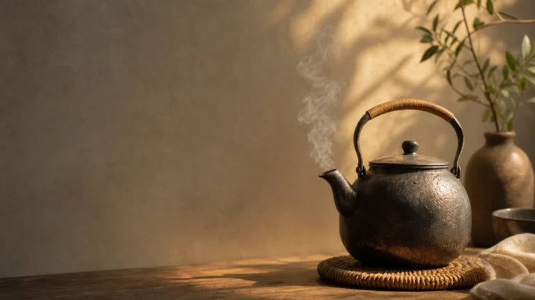 阳光木桌上一把黑色铁壶冒着热气，旁边摆着陶瓶