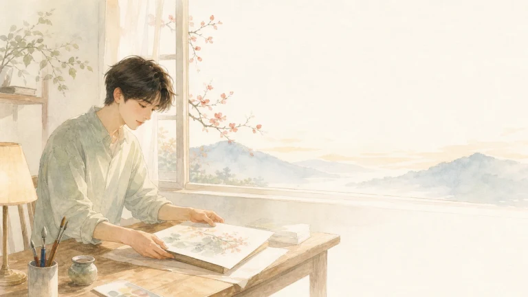 男子在湖景窗边木桌前翻阅和绘制画稿