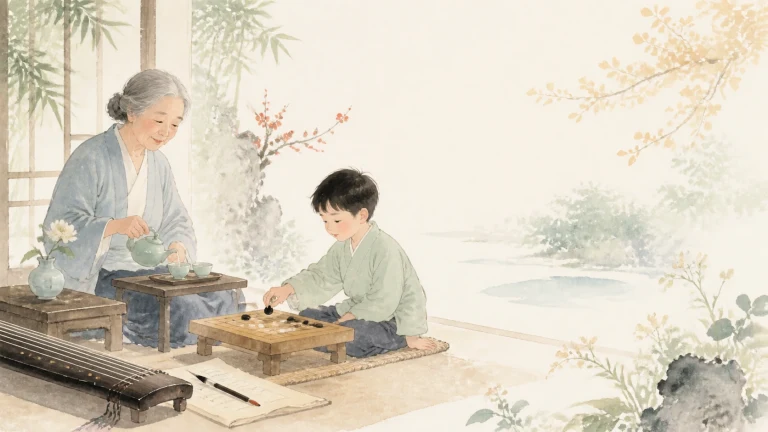 灰发女子陪孩子在临水窗边桌前练习书画