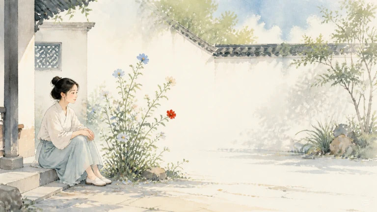 女子坐在白墙庭院石阶上看着身旁一株红花
