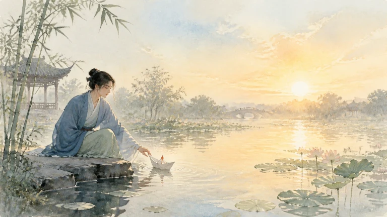 女子坐在夕阳荷塘边伸手喂水中的小鸟