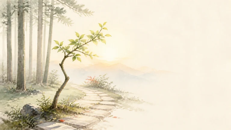 一株弯曲幼树生长在竹林旁的阳光石路边