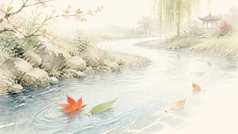 几片红黄枫叶漂在水彩花园的弯曲溪流中