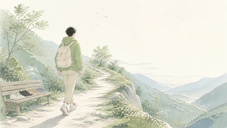 背包客沿高山崖边小径行走，路旁木椅上放着物品