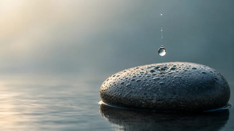 一滴水悬在湿润黑色圆石上方，水面映着柔光