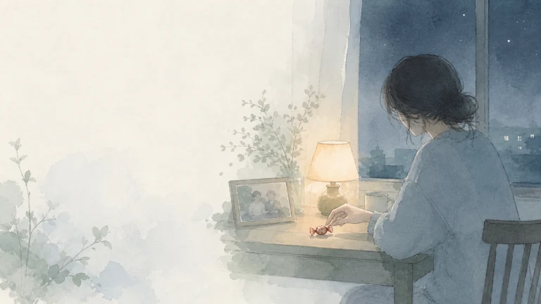 女子在夜晚窗边灯下书写，桌上摆着相框和花瓶